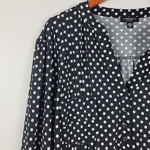 Cocomo Top Womens 3X Polka Dot 3/4 Roll Tab Sleeve Slinky V Neck Blouse Popover - Picture 3 of 10
